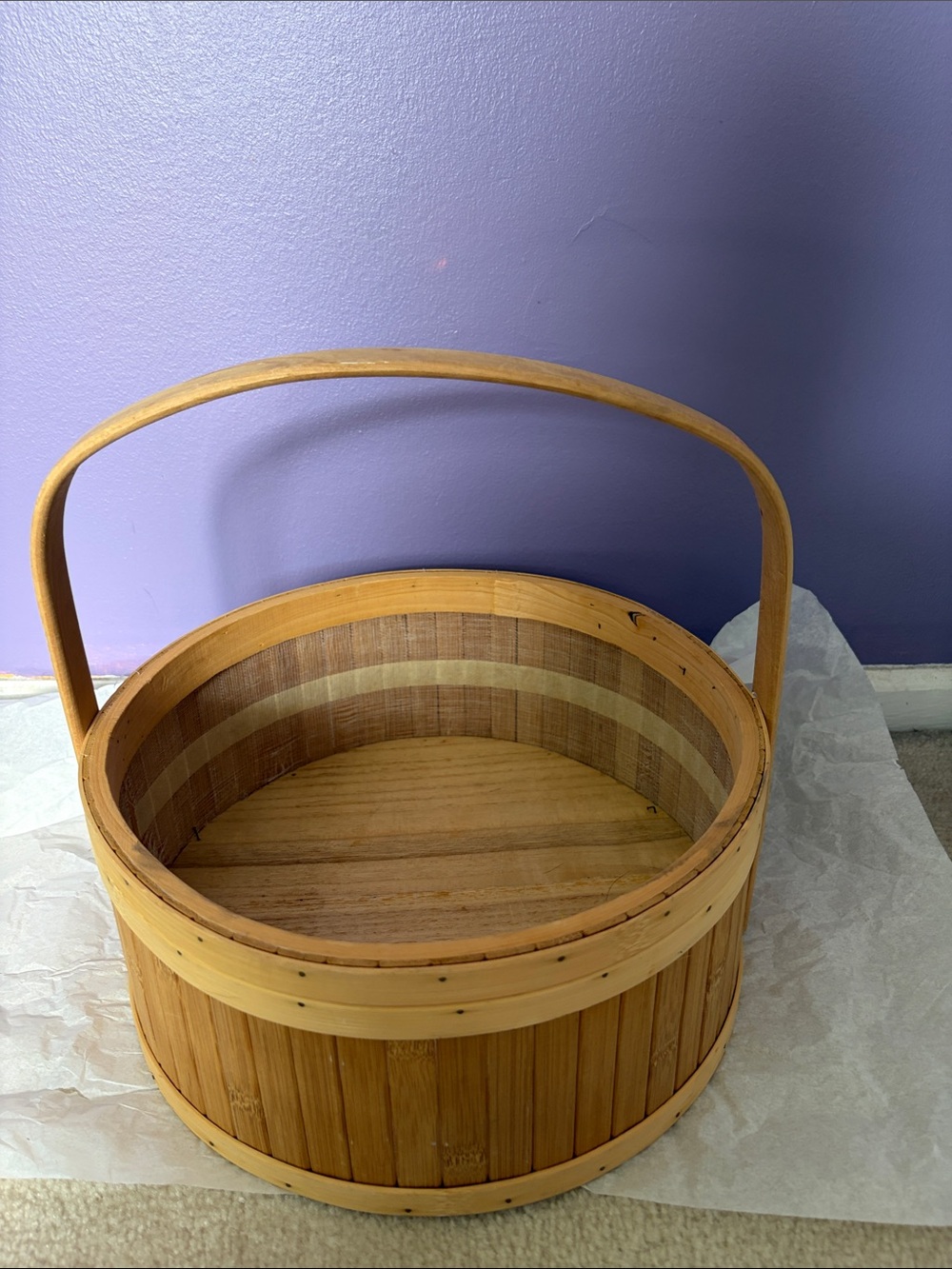 Natural Wood Round Handle Basket - Brown